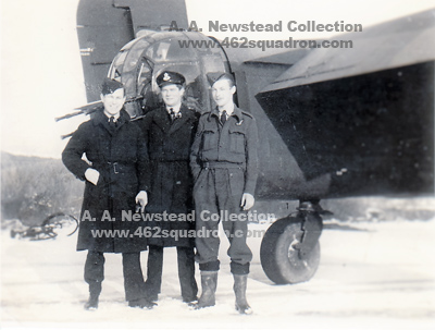 Three of the Anderson crew beside the rear turret of a Halifax, 462 Squadron; Bruce Alfred Bell, Henry Robert Anderson,  Arthur A Newstead. 